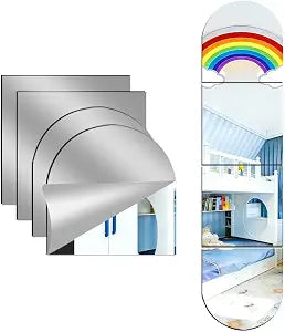 4-piece set of acrylic wall mounted mirrors, 16x16 inch self-adhesive frameless square combined with curved makeup lenses, flexible plastic lenses for bedrooms, home use, gym doors (4pcs - 1616)