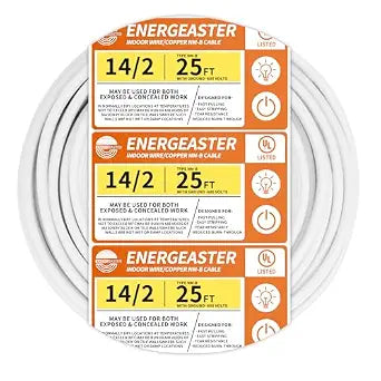 Energeaster Solid Indoor 14/2 W/G NMB Cable 25ft, Electrical Wire, White