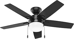 Hunter 44 inch Indoor Ceiling Fan with LED Light - Black Ceiling Fan with Pull Chain, For Bedroom or Living Room, Standard Mount, No Remote, 5 Blades, Includes Bulbs - Anisten 52486, Matte Black