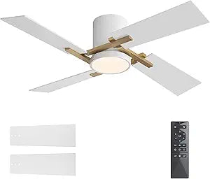 WINGBO 48" Flush Mount Ceiling Fan with Light - 4 Plywood Blades, 6-Speed Reversible DC Motor, Dimmable, 3CCT, Noiseless Low Profile Ceiling Fans and Light for Bedroom Living Room, Gold and White