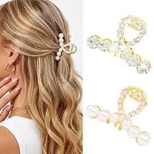 BARTOSI Pearl Claw Clips Small Gold Hair Clips Rhinestone Hair Claw Clips Sparkly Hair Accessories for Women and Girls (Pack of 2)