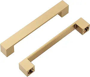 Hickory Hardware Heritage 10 Pack Square Cabinet Pulls, Low Profile Handles for Kitchen Cabinet Doors, Dresser Drawers & Bathroom Vanity, 5-1/16 Inch (128mm) Center to Center, Brushed Brass