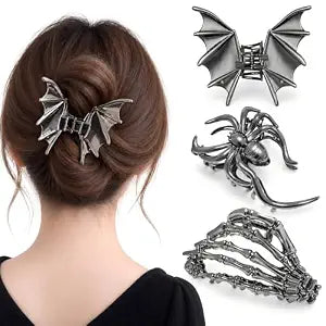 Parcce 3 PCS Halloween Hair Clips for Women, Gothic Bat Wing, Spider and Skeleton Hand Claw Clips, Gunmetal Goth Accessories, Strong Hold Halloween Hair Accessories, Spooky Skull Costume Party Gifts