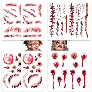8 Sheets Halloween Zombie Chucky Fake Scars Makeup Temporary Tattoos, 4 * 2