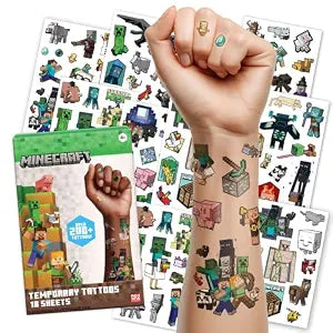 Minecraft Temporary Tattoos for Kids (200 pack). Made in the USA w Certified Safe Ink. Birthday Party Supplies and Party Favors Kit. Bulk Temporary Tattoos Stickers Set for Girls and Boys.