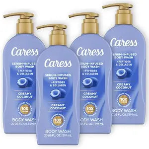 Caress Creamy Coconut Moisturizing Body Wash with Pump, Serum-Infused Formula with Peptides & Collagen, Fruity Tropical Long Lasting Fragrance, Dermatologist Tested, 20 fl oz (4 Pack)