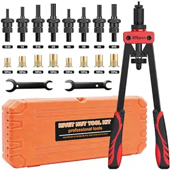 Rivet Nut Tool Kit, Rivnut Tool with 8 Metric and SAE Mandrels (M5, M6, M8, M10, 10-24, 1/4-20, 5/16-18, 3/8-16), Professional Hand Rivet Nut Setter Kit with 80Pcs Rivet Nuts Assortment Kit