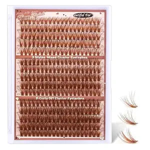 Brown Lash Clusters Fluffy Wispy, D Curly 10-18mm Individual Lashes, 40D+50D+70D Multi-Volume Cluster Eyelash Extensions, DIY Lash Kit for Natural Glam at Home
