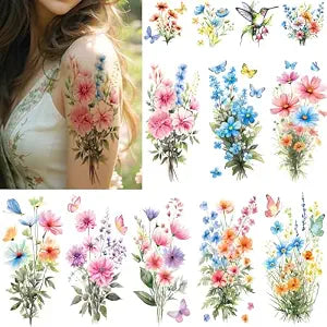 Tazimi Watercolor Flower Temporary Tattoos For Women Girls