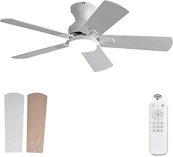 42 Inch White Ceiling Fans with Lights and Remote,Low Profile Flush Mount Modern Ceiling Fan with Light, 5 Blades,Dimmable LED Light,6 Speed DC Motor,Indoor Outdoor Ceiling Fan for Bedroom