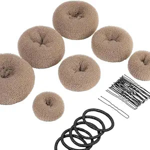 Teenitor Donut Hair Bun Maker Set, 7 Pieces Hair Bun Makers (1 extra-large, 2 large, 2 medium and 2 small), 5 pieces Hair Elastic Bands, 20 pieces Hair Pins, Tan Color