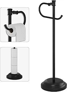 BESy Toilet Paper Holder Free Standing Bathroom Toilet Tissue Holder Stand for Floor Toilet Paper Roll Holder with Storage Hardware Accessories Rack Hand Towel Bar Matte Black Stainless Steel