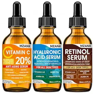 3 Pack Face Serum Set Includes Vitamin C Serum, Hyaluronic Acid Serum and Retinol Serum, Hydrating Facial Skincare for Daily AM PM Routine, Moisturizing Face Serum Kit for Women and Men