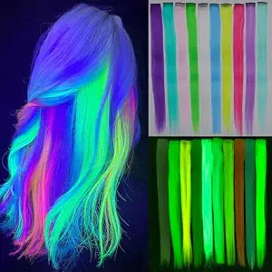 Ms Aloe 10 Pcs Glow in Dark Clip in Hair Extensions - 22inch Colorful Synthetic Rainbow Glow in The Dark Hair Accessories for Women