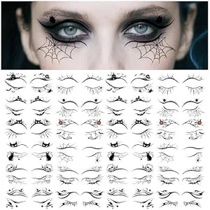 24 Pairs Halloween Eyeliner Temporary Tattoos for Adults, Face Eyes Fake Tattoos, Gothic Spooky Designs with Spiders Web, Bats, Cats, Skulls, Black