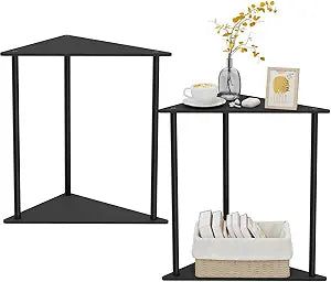 Yawinhe Metal Side Table,Small End Table with 2-Tier Storage Shelves,Nightstand for Small Spaces,Modern Tiered Triangle Coffee Table, Used for Living Rooms, Bedrooms,Black,2 Pack, SZJ202B-2