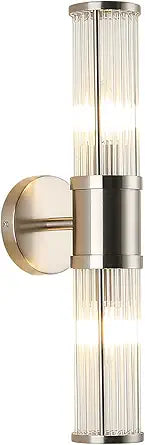 Brushed Nickel Wall Sconce with Glass Rods - Modern Industrial Vanity Light Fixture, E12 Candelabra Base for Bathroom, Bedroom & Hallway (Bulbs Not Included)