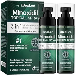 Extra Strength 5% Minoxidil Hair Regrowth Spray for Men & Women, 2 Bottles