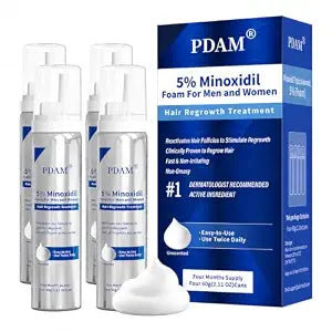 PDAM 5% Minoxidil for Men and Women Foam – Clinically Proven Regrowth for Thinning Hair, Topical Hair Loss Treatment, Extra Strength Foam for Thicker, Fuller Hair, 4-Month Supply (4 x 2.11 oz)