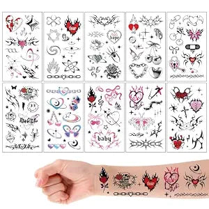Qpout 10 Sheets Cute Y2K Temporary Tattoos for Women, Realistic Waterproof Fake Tattoos, Small Temporary Tattoos for Adults, Rave Festival Bachelorette Party Favors Tattoo Stickers