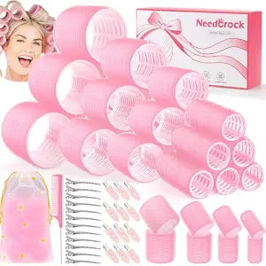 4 Sizes Heatless Rollers Hair Curlers Set with Clips Comb Storage Bag, Pink