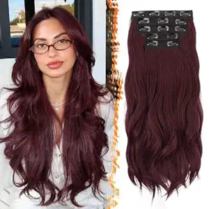 BARSDAR 20 Inch Synthetic Soft Wavy Dark Burgundy Clip in Hair Extensions