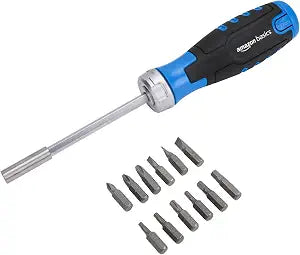 Amazon Basics 12-in-1 Ratcheting Magnetic Screwdriver Set with Bit Storage in Handle, Portable Repair Tool Kit, Security Torx, Phillips, Flat, Hex, Torx, Black, Blue, Silver