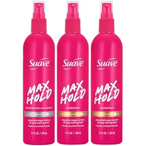 Suave Hairspray, Non-Aerosol, Max Hold Bundle – Scented 2-Pack + Unscented Hair Spray Bottles, 11 Oz Ea (3 Piece Set)