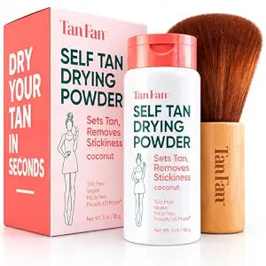 Tan Fan Self Tan Drying Powder Kit 3oz - Stop Sticky Feel After Tanning - Inc XL Soft Body Brush - For Spray, Fake, Gradual Tanner - 100% Vegan Talc-Free Natural For Silky Skin - Coconut - USA Made