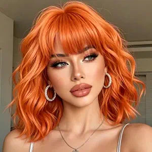 Short Bob Wigs With Bangs Orange Wavy Wig Synthetic Hair Daily Cosplay Wig 14 Inch