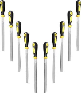 8 Flat Hand Metal File, 10pcs, length 12, Ergonomic Rubberized Handle, Uniform Teeth, Strength High Carbon Steel, Perfect for Long Time Use for Trimming, Sharping Metal, Stone, Wood, etc.