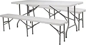 VINGLI 6 FT 3-Piece Portable Picnic Table Bench Set, Weather-Resistant Plastic Folding Camping Beer Table w/Carrying Handles, for Family Garden Patio Outdoor Activities Use, at Home and Commercial