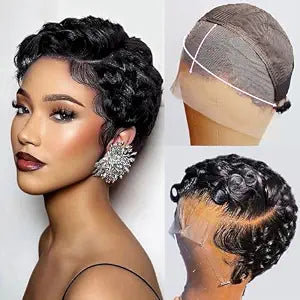 Short Curly Pixie Cut 13x4 Lace Front Wig 100% Human Hair Wigs, Black 13x4 HD Lace Frontal Wigs Short Layered Curly Glueless Wig Pre Plucked Deep Wave Pixie Cut Human Hair Wigs for Women