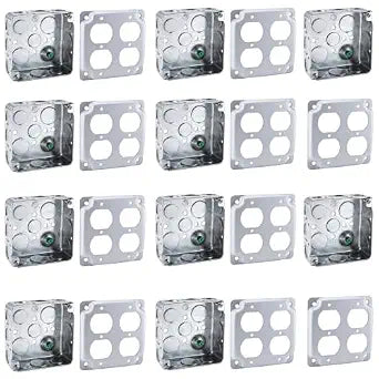 4x4 Electrical Box with Cover 10 Set, 1-1/2" Deep 21 Cu. in. Galvanized Steel Junction Box, Double Duplex Outlet Receptacle, for Commercial & Residential Wiring
