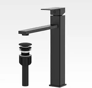 Bathroom Faucets, Matte Black Bathroom Faucet with Pop-up Drain and 2 Supply Hoses, Single Hole High Barrel Vanity Faucet for Vessel Sink, Single Handle Stainless Steel RV Faucet