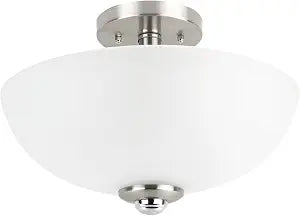 Globe Electric 63357 13 in. 2-Light Semi-Flush Mount Ceiling Light, Brushed Nickel, Chrome Accents, Frosted Glass Shade