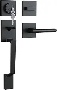 Ohuhu Front Door Lock Set, Heavy Duty Upgraded Front Door Handle Black Locksets with Deadbolt - Entry Exterior Door Handle Sets Single Cylinder Reversible Lever Matte Finish Zinc Alloy Modern Style