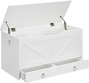 HOOBRO Storage Chest, 39.3" Toy Chest with Drawer, Wooden Storage Bench, Sturdy Entryway Bench Supports 220 lb, Shoe Bench, Safety Hinge, U-Shaped Opening, Easy Assembly, White WT710CW01G1