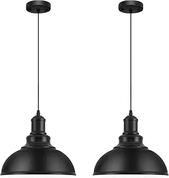 2PCS Matte Black Pendant Lights, Farmhouse Pendant Lamp with Metal Shade (White Inside), Industrial Pendant Lighting for Kitchen Island, Dining Room, Bedroom, Hallway, 316-2