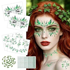 4 Sheets Halloween Leaf Face Temporary Tattoos with Green Gem Stickers and 2 m Artificial Vine, Glitter Makeup for Cosplay Costume Party, Waterproof and Long Lasting