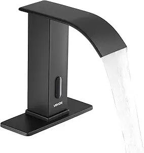 VEVOR Touchless Bathroom Sink Faucet, Automatic Motion Sensor Waterfall Restroom Toilet Faucet with Hole Cover Plate, Battery Operated,Hot/Cold Water for 9/16 in Pipe Commercial Lavatory,Matte Black