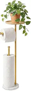 Standing Toilet Paper Holder Gold with 7.9" Big Tray, 2.2Lbs Heavier Marble Base, Freestanding Paper Holder Stand with Phone Shelf, Holds 5 Paper Rolls (Gold)