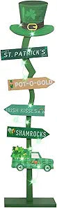 43.8" Lighted Wooden St. Patrick's Day Porch Sign Leprechaun Hat Shamrock Irish Train Standing Signs With Base For Indoor Outdoor Yard Decor