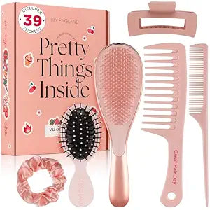 Lily England Hair Brush Set for Girls - 6pc Comb, Claw Clip & Stickers Kit