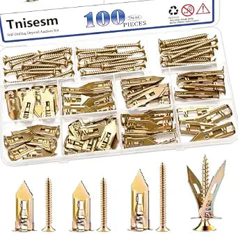 Tnisesm 100Pcs 3 Size Self Drywall Drilling Anchors with Screws Kit, Metal & Heavy Duty Grip Anchors for Wall Sheetrock, Expansion Anchor Assorted Sizes for Picture Frames, Shelves & Home Decor