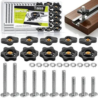 Taiss 30PCS 1/4"-20 T Track Knob Kit,Two Kinds Threaded Knobs 1/4"-20x1,1-1/2",2" 3 Sizes T Track Bolts and Washers for Woodworking Jigs and Fixtures