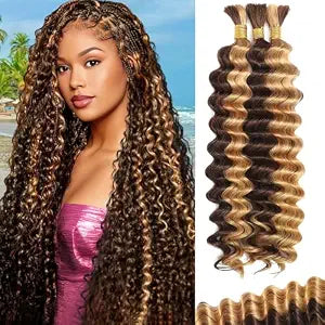 Human Braiding Hair for Boho Braids 20 Inch 120g Highlight Balayage Deep Wave Boho Bulk Human Hair for Braiding Knotless 12A Curly Wet and Wavy Bohemian Braids No Weft 3 Bundles 4/27 Color