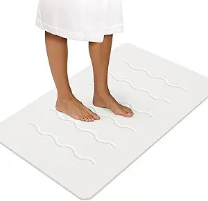 OTHWAY 32"x 20" Stone Bath Mat Large, Diatomaceous Earth Bath Mat for Bathroom Quick Drying Absorbing, Long Non-Slip Diatomite Hard Stone Shower Mat Instant Dry(White Grey)
