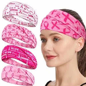 4pcs Breast Cancer Awareness Headbands for Women, Pink Ribbon Breast Cancer Headbands, Wide Elastic Hair Accessories for Workout, Sport, Yoga and Running, Non-Slip Sweatbands Bandana(Pink)