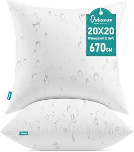 Oubonun 20x20 Waterproof Outdoor Pillow Inserts  Set of 2 Firm & Fluffy, Water Resistant Throw Pillows for Patio, Garden, Porch, or Indoor Decorative